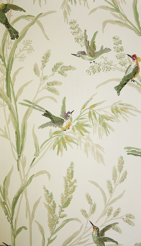 Colourful Birds, Printed Wallpaper, Muted Green, Light Cream, Designer Wallpaper, Birds, Cream, Plants, Green