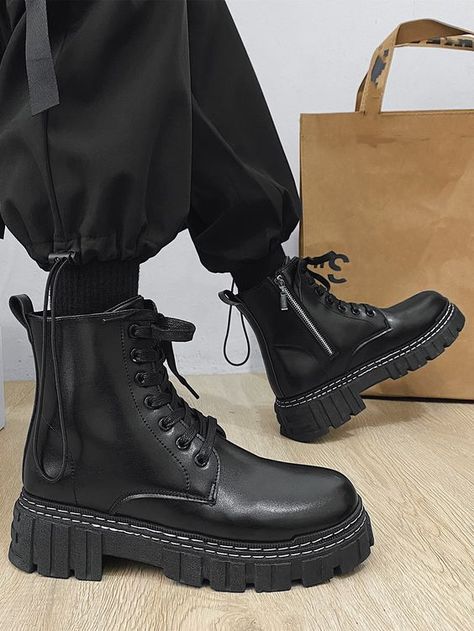 Boot Styles For Men, How To Style Boots Men, Mens Black Combat Boots, Boots For Men Aesthetic, Black Platform Boots Men, Mens Goth Boots, Grunge Boots Men, Emo Boots Men, Black Boots Men Outfit Aesthetic