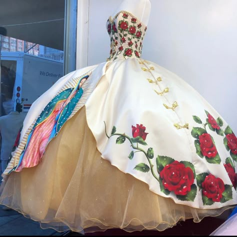 Guadalupe Quince Dress, Virgen Mary Quince Dress, Outfit Charo, Mexican Dresses Quinceanera, Charo Dress For 15, Virgin Mary Quinceanera Dress, Virgencita Quince Dress, Quinceanera Dresses Traditional, Embroidery Quinceanera Dresses