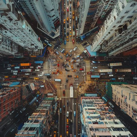 Urban Aerial View: Bird's-eye view of a bustling city intersection with cars and buses between high-rise buildings. #city #aerial #intersection #cars #buses #aiart #aiphoto #stockcake ⬇️ Download and 📝 Prompt 👉 https://ayr.app/l/e6gP City Birds Eye View, Birds Eye View Photography, Birds Eye View City, Birdseye View, Dream Future, Tower Building, Aerial Photograph, Bustling City, Busy Street