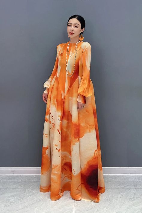 HEYFANCYSTYLE Korean Style Bubble Sleeve Chiffon Dress Chiffon Bubu Gown Styles, Orange Turtleneck, Pinterest Download, Model Hijab, Chiffon Long Dress, Sugar Mama, Style Bubble, Silk Coat, Bubble Sleeve