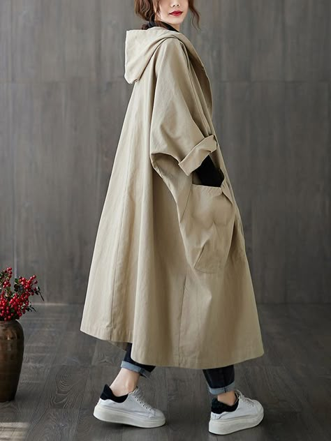 Original Solid Hooded Trench Coats Rok Midi, Sandal Tali, Oversized Trench Coat, Trench Coat Dress, Cap Sleeve Shirt, Hooded Trench Coat, Winter Trench Coat, Cotton Coat, Trench Coats Women