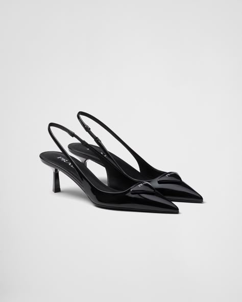 Black Patent Leather Slingback Pumps | PRADA Prada Heels Outfit, Black Designer Heels, Prada Slingback Pumps, Prada High Heels, Prada Kitten Heels, Prada Slingback, Shoes Room, La Outfit, Prada Heels