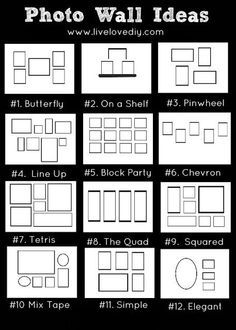 Photo wall arrangements. I like mirror image of no. 4 for up the stairs, two rows of no. 5 along wall opposite basement stairs Photo Gallery Wall Layout, Walle Tattoo, Bedroom Summer, Photowall Ideas, Photo Wall Ideas, Moody Wallpaper, Baddie Apartment, Photo Wall Display, Wall Layout