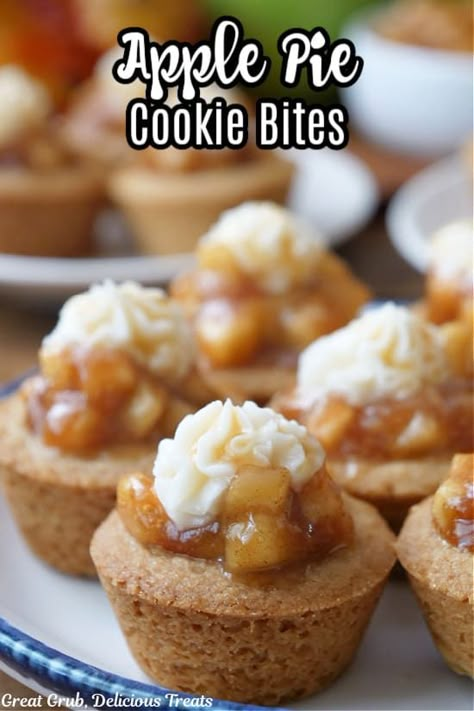 Apple Pie Cookie Bites are a delicious bite-size sugar cookie cup, filled with a homemade apple pie filling, topped with buttercream frosting, and drizzled with creamy caramel sauce. Mini Apple Pie Cookie Cups, Sugar Cookie Apple Pie Cups, Cherry Pie Cookie Cups, Sugar Cookie Mini Pies, Apple Pie Cookie Cups, Apple Pie Cookie, Cookies Bites, Pie Cups, Sugar Cookie Cups