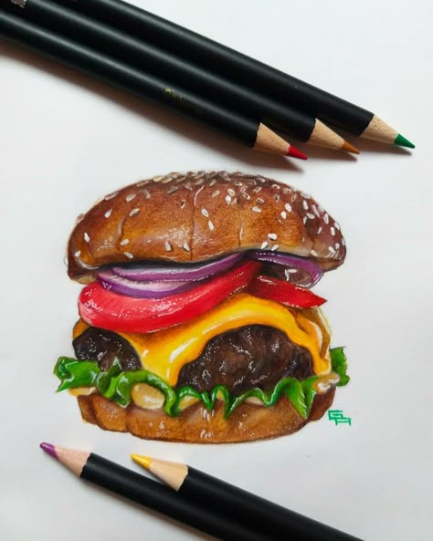 Hamburger Drawing, Pencil Colour Painting, Colored Pencil Artwork Ideas, Prismacolor Drawing, Love Canvas Painting, Colour Pencil Art, Food Art Painting, Color Pencil Sketch, Prismacolor Art