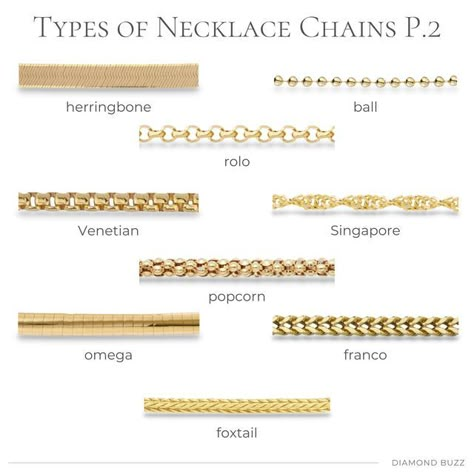 Diamond Buzz on Instagram: "TYPES OF NECKLACE CHAINS PART 2 Which one is your favourite? Leave a comment below. #goldjewelry #goldjewellery #goldchain #goldchains #instajewellery #instajewelry" Chain Types Jewelry, Types Of Necklace Styles, Types Of Jewelry Chains, Types Of Necklace Chains, Types Of Necklace, Types Of Chains, Festive Jewellery, Real Gold Chains, Jewelry Knowledge