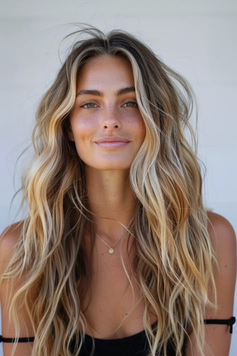 Natural Brunette With Blonde Hair, Blondette Hair Balayage, Blended Blonde And Brown Hair, Brown Blonde Long Hair, Natural Look Blonde Hair, West Coast Blonde Hair, Blond Hair Outfit Ideas, Wavy Blonde Balayage, Lazy Blonde Hair