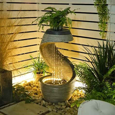 SERBILHOME Garden Outdoor Water Fountains Waterfall - Indoor Floor Standing Outdoor Fountain 35" Modern Curved Fountain Contemporary Design with LED Lights for Home Garden, Yard, Patio, Office Outdoor Fountain Ideas, Interior Fountain, Stair Garden, Medieval Cottage, Fountain Decor, Contemporary Water Feature, Modern Outdoor Fountains, Outdoor Water Fountains, Fountain Waterfall