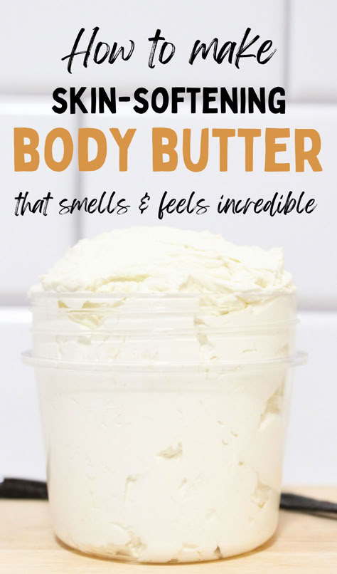 Small mason jar with body butter and text "How to make skin-softening body butter that smells & feels incredible" Vanilla Body Butter Recipe, Winter Body Butter, Body Butter Recipe Whipped, Make Body Butter, Whipped Body Butter Recipe, Body Butter Recipe Homemade, Diy Body Butter Recipes, Body Butter Recipes, Diy Oatmeal