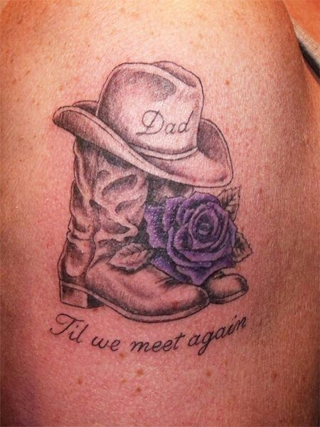 Lovely idea for Deddy... Cowboy Boot Tattoo, Tattoos For Dad, Tribute Tattoo, Tattoos For Dad Memorial, Fire Boots, Tattoos For Women Small Meaningful, Memory Tattoos, Cowgirl Tattoos