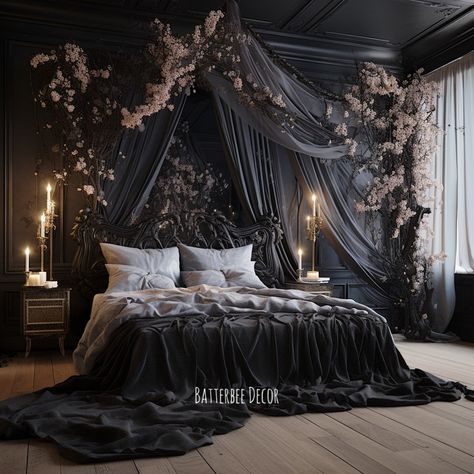 Gothic Bedroom Aesthetic Cozy, Victorian Black Bedroom, Dark Baroque Bedroom, Gothic Bedrooms Ideas, Gothic Witch Bedroom, Gothic Fairy Bedroom, Gothic Castle Bedroom, Victorian Rooms Bedrooms, Goth Aesthetic Bedroom