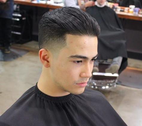 Slick Back Taper Fade, Slick Back Taper, Short Slicked Back Hair, Fury Haircut, Hairstyles Slicked, Dapper Haircut, Mens Slicked Back Hairstyles, Mens Short Hairstyles, Back Haircut