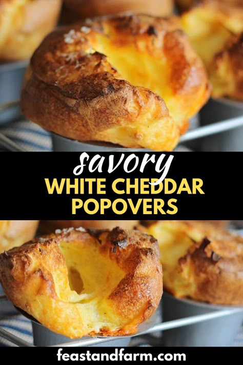 Savory bits of baked cheesy goodness or science experiment gone wrong? It’s up to you to decide but I’ll give you a clue: I’ll take cheesy goodness in these easy white cheddar popovers any day and these sure don’t disappoint. With only 6 ingredients, you can whip these up in no time. Perfect for your holiday menu or meal planning. Shock your neighbors. Make a batch. #popoversinmuffintin #cheesepopovers #easypopoversrecipes #savorypopovers #holidaymenu #easybreadrecipes #FeastandFarm Popovers Recipes Easy, Cheese Popovers Recipes, Pop Over Recipe, Popovers Recipes Savory, Pop Overs In Muffin Tin Popover Recipe, Savory Popovers Recipes, Mary Makes It Easy Recipes Popovers, Savory Popovers, Cheesy Popovers