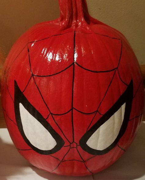 Superhero Painted Pumpkins, Pumpkin Painting Marvel, Things To Paint On Your Pumpkin, Cute Punkin Painting Ideas Easy, Good Pumpkin Painting Ideas, Halloween Pumpkins Paint, Miles Morales Pumpkin Painting, Pumpkin Decorating Paint Simple, Pumpkin Faces Ideas Cute Painted