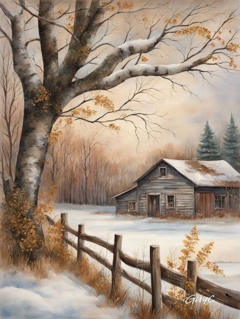 Winter Landscape Drawing, Farm Scene Painting, Winter Scene Paintings, Barn Pictures, Farm Paintings, Winter Landscape Painting, Barn Painting, Scenery Paintings, Winter Painting