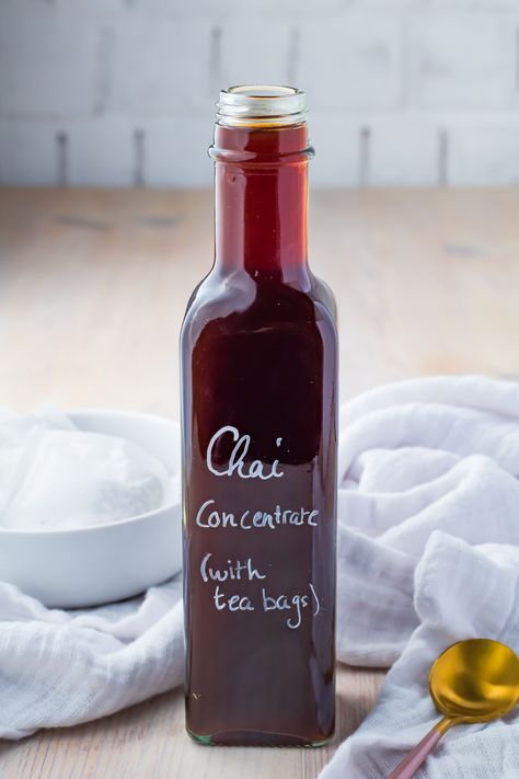 This homemade Chai Concentrate (from Tea Bags) is the perfect way to enjoy a delicious chai latte at home. With a blend of warm spices from the tea bags, and just the right amount of sweetness, it’s easy to make and can be customized with your favorite milk or sweetener. Enjoy the comfort of a perfect chai latte anytime you like. Chai Tea Concentrate From Tea Bags, Chai Concentrate Recipe Tea Bags, Chai Tea Concentrate Recipe, Chai Concentrate Recipe, Tea Concentrate Recipe, Iced Chai Latte Recipe, Chai Tea Concentrate, Morning Chai, Chai Concentrate