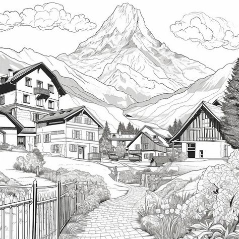 a black and white drawing of a mountain village with a path generative ai Mountain Village Drawing, Drawing Of A Mountain, Village Sketch, Adult Coloring Sheets, Village Drawing, House Illustrations, 2024 Board, Goat Farming, House Illustration