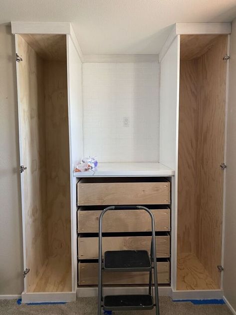 Toddler Room Makeover: DIY Closet Built In's With Dresser | Hometalk Accent Wall Brick, Diy Built In Closet, Diy Built In Wardrobes, Toddler Room Makeover, Paint Accent Wall, Caulk Paint, Kreg Pocket Hole Jig, Built In Vanity, Built In Closet