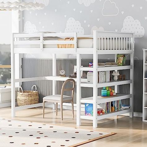 Loft Desk, White Beds, Bed Full Size, Desk And Shelves, Full Size Loft Bed, Wood Loft Bed, Bed With Wardrobe, Loft Bed With Desk, Loft Bed Frame