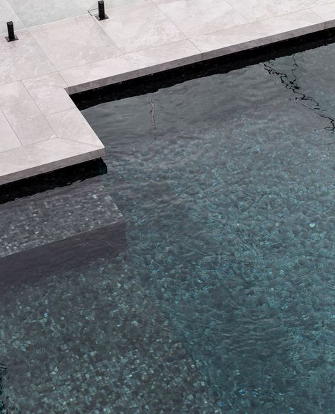 Pool Tile Designs, Dark Blue Tile, Pool Makeover, Dark Grey Tile, Colour Magic, Pool Plaster, Porcelain Pavers, Inside Pool, Glass Pool Tile