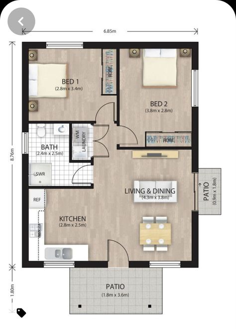 50 M2 House Plan 2 Bedrooms, Tiny House Floor Plan, Apartment Bed, Two Bedroom Apartment, 2bhk House Plan, Indian House Plans, Granny Flats, Two Bedroom House, 2 Bedroom House Plans