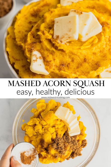 Whip up this healthy holiday side dish in just 35 minutes! Slightly nutty, delightfully buttery, and just a touch sweet, this mashed acorn squash is a delightful side dish recipe that’s flavored with brown sugar, cinnamon, and nutmeg. Whipped Acorn Squash, Acorn Squash Mashed Potatoes, Low Calorie Acorn Squash Recipes, Acorn Squash Baked Healthy, Healthy Stuffed Acorn Squash, Crock Pot Acorn Squash, Recipe With Acorn Squash, Healthy Thanksgiving Sides Clean Eating, Acorn Squash Puree Recipes