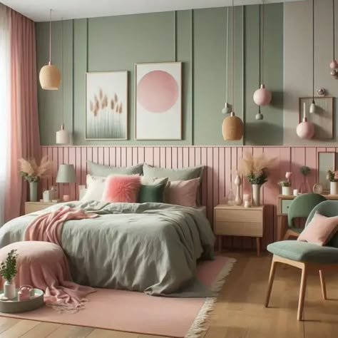 38+ Sage Green and Pink Bedroom Ideas: Dreamy Makeovers Await! - Pink Sage And White Bedroom, Green Blush Pink Bedroom, Sage Green And Dusty Pink Bedroom, Seafoam Green And Pink Bedroom, Pastel Colored Bedroom, Green And Pink Bedroom Kids, Green And Dusty Pink Bedroom, Green And Pink Colour Scheme, Dusty Pink And Sage Green Bedroom