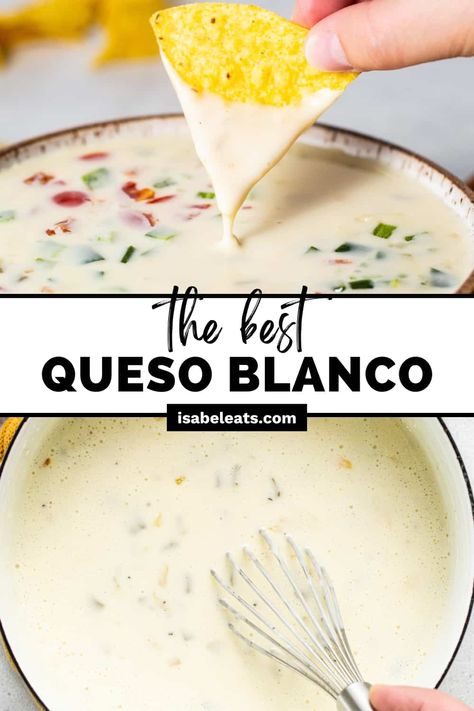 Queso blanco is the most delicious white cheese dip you’ll ever have! This easy recipe is rich, creamy, and better than your favorite restaurant-style queso. It’s the perfect addition to any football watch party, taco Tuesday, or just as a snack. The Best Queso Blanco Dip, Velvet Taco Queso Recipe, Authentic Queso Blanco, White Nacho Cheese Sauce Queso Blanco, Fuzzy Taco Queso Recipe, White Queso With Sausage, White Cheese Sauce For Nachos, Restaurant White Queso Dip, Uncle Julio’s Queso