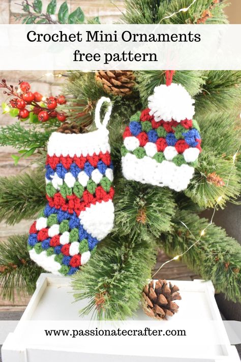 Crochet mini stocking ornament pattern free. Quick and easy Christmas ornament free pattern. Crochet Quick And Easy Projects, Stocking Ornament Crochet Pattern, Quick And Easy Crochet Christmas Decorations, Mini Crochet Sweater Ornaments, Crochet Christmas Photo Frame, Crochet Christmas Bunting Pattern Free, Tiny Crochet Ornaments, Sweater Ornament Crochet, Mini Grinch Crochet Pattern Free