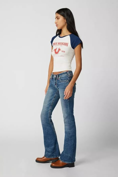 Low-Rise Flare Jean Low Rise Straight Leg Jeans Outfit, Light Wash Flare Jeans Outfit, Lowrise Jeans Outfits, 80 Degree Weather Outfits, Low Rise Jeans Outfit 2000s, True Religion Jeans Outfit, Low Waisted Jeans Y2k, Low Rise Flare Jeans Outfit, Where To Buy Jeans