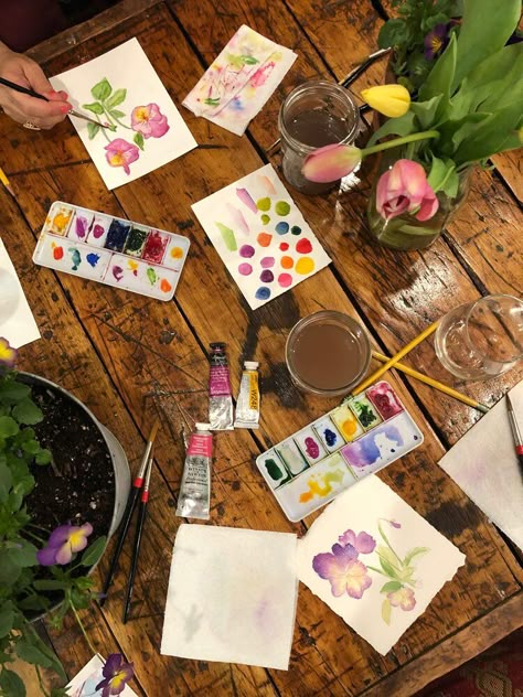 Watercolor Studio Setup, Creative Spaces Studio, Aesthetic Watercolour Painting, Watercolour Aesthetic, 2000s Romcom, Seventeen Birthday, Art Vision Board, Paint Workshop, Paint And Drink