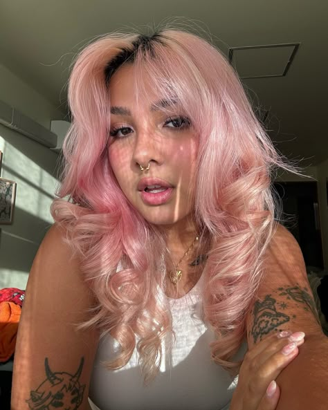 pink hair, hair aesthetic, hair, long hair, pastel pink hair, hair inspo. 🎀 (used oVertone “pastel pink”) Alternative Colored Hair, Pink Hair Curtain Bangs, Pink Hair On Tan Skin, Girls With Pink Hair, Pastel Hair Aesthetic, Pink Hair Brown Eyes, Pink Haired Girl, Pink Hair Tan Skin, Pink Hair Girl