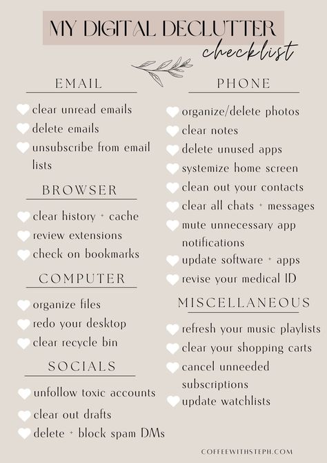 The Ultimate Digital Declutter Checklist to Embrace Minimalism - Home Declutter Checklist, Decluttering Aesthetic, Minimalism Checklist, Adulting Checklist, Declutter Bedroom Checklist, Declutter Motivation, Digital Decluttering, Email Organization, Organizing Checklist