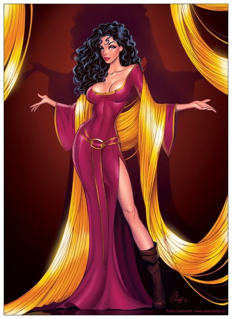 Dark Disney Art, Elias Chatzoudis, Mother Gothel, Arte Pin Up, Disney Version, Dark Disney, Twisted Disney, Disney Tangled, Fantasias Halloween