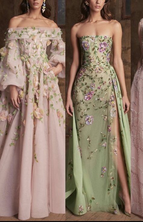 Pink And Green Gown, Pink And Green Prom Dress, Green Flower Dress, Pink And Green Dress, Best Gowns, Pink Formal Dresses, Prom Dress Inspiration, Stylish Party Dresses, Pretty Prom Dresses