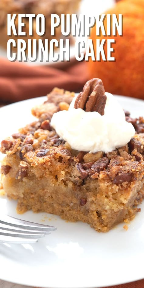 A piece of Keto Pumpkin Dump Cake on a white plate with a fork. Keto Pumpkin Crunch Cake, Keto Pumpkin Cake, Dessert Pumpkin, Pumpkin Crunch Cake, Keto Holiday Recipes, Pumpkin Crunch, Pecan Topping, Keto Cakes, Pumpkin Custard