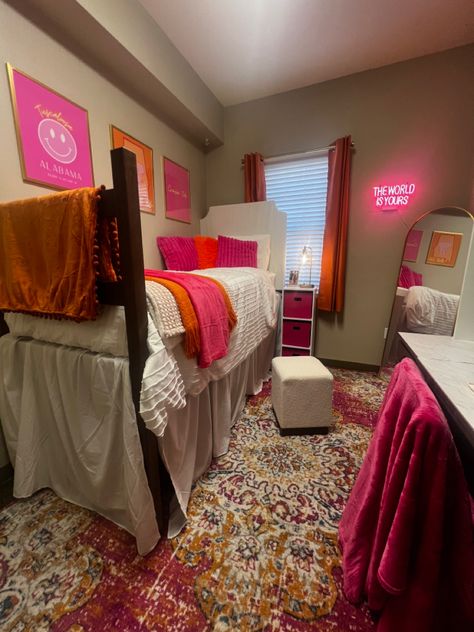 My freshman dorm at the university of alabama Pink White And Orange Bedroom, Bright Dorm Room Ideas, Pink Dorm Ideas, Orange Dorm Room Ideas, Dorm Room Inspo Pink, College Dorm Pink, Pink And Orange Dorm Room, Orange Dorm Room, Pink And Orange Dorm