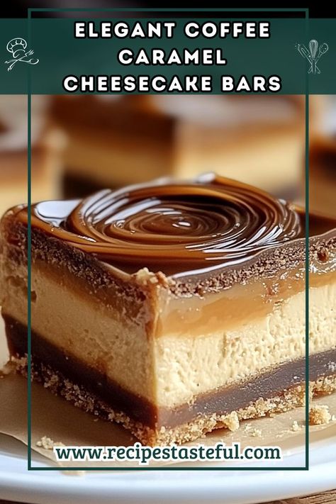 These luxurious cheesecake bars combine rich coffee and caramel flavors for a decadent treat, making them the perfect dessert for special occasions or a delightful finish to any meal. Caramel Cheesecake Bars, Treat Making, Coffee Caramel, Caramel Cheesecake, Caramel Coffee, Coffee Cream, Quick Weeknight Meals, Caramel Flavoring, Brownie Bar