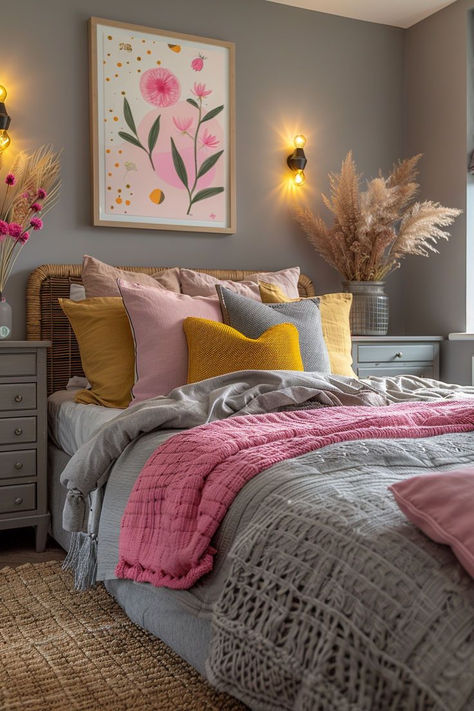 Grey And Pink Bedroom Decor, Grey And Pink Bedroom, Girly Bedroom Ideas, Feminine Home Decor, Pink Bedroom Walls, Feminine Home, Grey Bedroom Decor, Feminine Bedroom, Pink Bedroom Decor