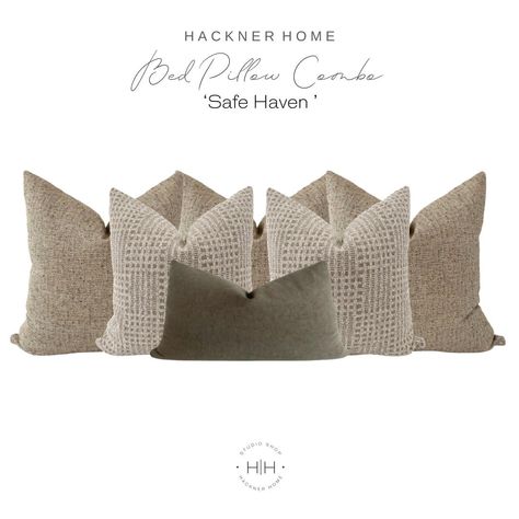 Discover our luxurious bed pillow cover combo 'Safe Haven', meticulously crafted to transform your bedroom into a serene oasis. Featuring premium, high-quality materials, this pillow cover combo offers unmatched comfort and durability. Its elegant design seamlessly integrates into any decor, enhancing your sleeping space with a touch of sophistication. I T E M S Set includes 6 Pillow Covers: Full & Queen Size Bed: (3) 22x22 Rye | Same Back (2) 20x20 Patchwork | Same Back (1) 16x26 Liman Espresso Bedroom Pillows Arrangement, Bed Pillow Arrangement, Brown Comforter, Pillow Combo, Tan Pillows, Coastal Throw Pillows, Bed Pillow Covers, Euro Pillows, Cama King Size