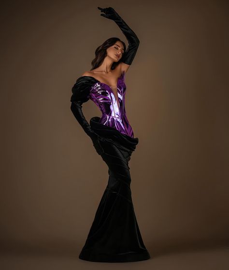 ✨ Dm us to order @reineecouture . "Stepping into the night with sophistication and style in this breathtaking black evening maxi dress. Crafted from luxurious satin fabric, its flowing silhouette exudes grace, while the long sleeves and matching gloves add an air of timeless glamour. Elevating the allure, the top portion features a stunning interplay of textures with purple latex fabric, creating a mesmerizing contrast that catches every eye in the room. The subtle sheen of the purple adds ... Black Evening Maxi Dress, Latex Fabric, Black Maxi Evening Dress, Latex Top, Custom Made Dresses, Evening Maxi Dress, Timeless Glamour, Double Wedding, Glamour Dress