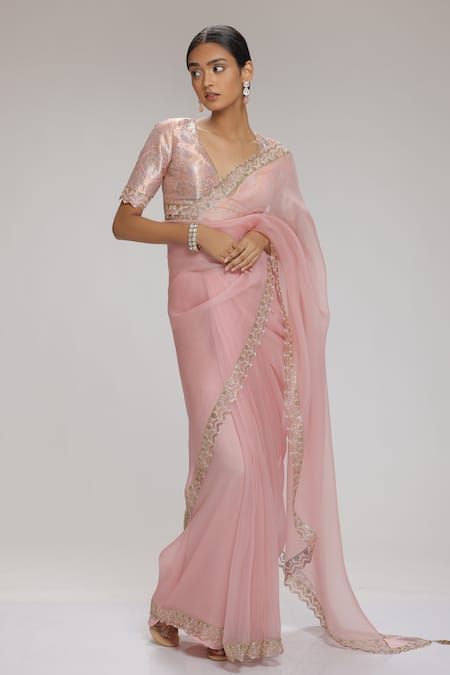 Buy Pink Saree Organza Embellished Rhinestone V Neck With Blouse For Women by Chhaya Mehrotra Online at Aza Fashions. Organza Saree Blouse Designs Latest, Organza Blouse Designs, Organza Saree Blouse Designs, Baby Pink Saree, Pink Saree Blouse, Embellished Saree, Pink Blouse Designs, Saree Organza, Unique Bridesmaid Dresses