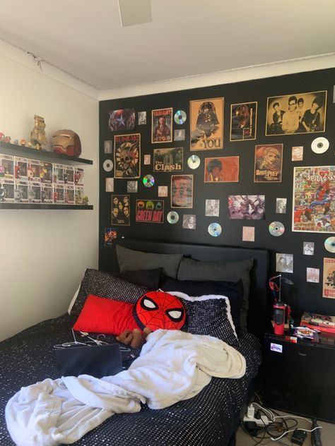 marvel bedroom. teen bedroom. teen girl marvel room #bedroom #marvelaesthetic #spidermanroom #marvelbedroom #teenbedroomideas #girlbedroomideas #blackwall red room. black and red bedroom. ironman. spiderman . pop figures. mini fridge. poster wall #posters #musicbedroom Diy Bedsheet, Bedsheets Designs, Bedsheet Design, Marvel Bedroom, Bedroom Makeover Diy, Glamorous Home, Spiderman Room, Marvel Room, Chill Room