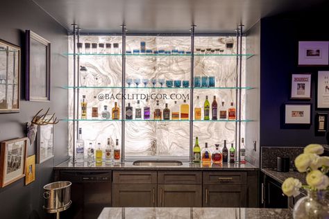 Backlit SynTec Onyx Shelf. #luxurybar #winewall #winebar #luxurylving #luxurylifestyle #modernstyle #HomeBar Shelf Backdrop, Backlit Bar, Wine Cellar Lighting, Slate Veneer, Den Bar, Wine Lounge, Red Gravy, Real Stone Veneer, Faux Granite