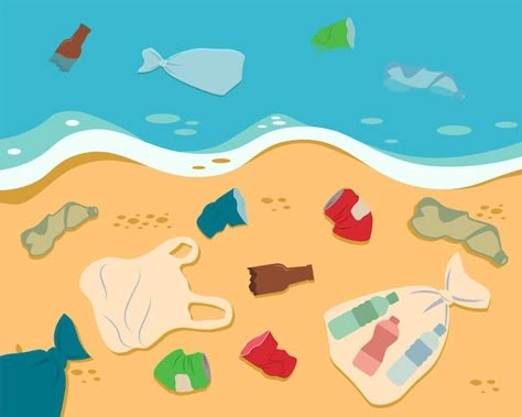 Dirty sea shore plastic trash rubbish on... | Premium Vector #Freepik #vector #rubbish #trash #plastic-pollution #environmental-pollution Sea Pollution Art, Trash On Beach, Kolaj Art, Trash In The Ocean, Rubbish Art, Beach Pollution, Turtle Eating, Ocean Trash, Geography Project