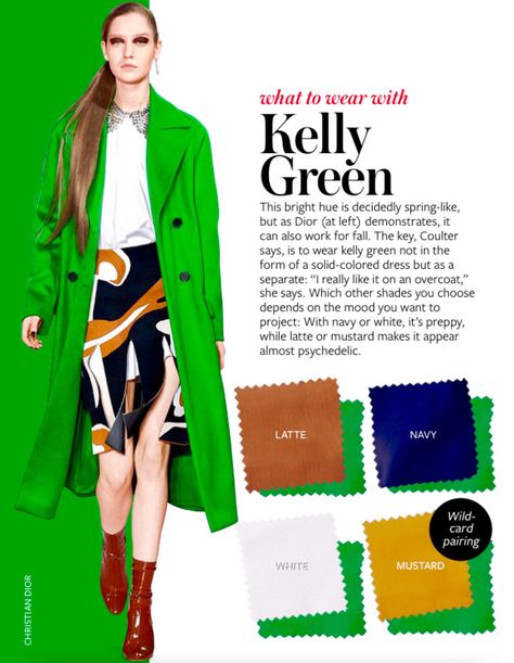 Bright green * brown, navy blue, white Instyle Color Crash Course, Color Crash Course, Kelly Green Dresses, Neon Prom Dresses, Green Color Combinations, Colour Combinations Fashion, Color Combinations For Clothes, Color Guide, Colour Combos