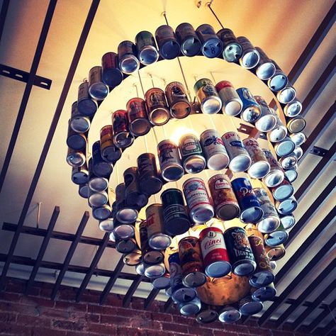 Beer can chandelier. kinda funny for the basement. We're gonna need to drink up! Can I get some help? Can Chandelier, Beer Can Art, Beer Crafts, Beer Display, White Trash Party, Trash Party, Diy Beer, Recreational Room, Man Cave Basement