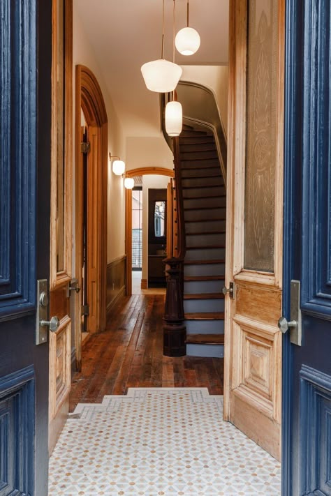 Brownstone Interiors, Nyc Brownstone, Adrian Grenier, Brownstone Homes, New York Brownstone, Row Home, Townhouse Interior, Wooden Staircase, Brooklyn Brownstone