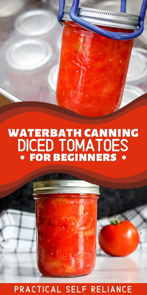 A Ball canning mason jar filled with diced and crushed tomatoes being pulled out of a water bath canner for long-term food preservation. Diced Tomatoes Canning, Tomato Recipes For Canning, Pickled Cherry Tomatoes, Canning Fruit Recipes, Recipes With Diced Tomatoes, Preserve Tomatoes, Preserving Fruit, Canning Tomatoes Recipes, Water Bath Canning Recipes